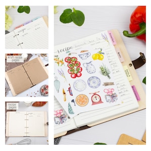 May include: A wooden recipe binder with kraft paper pages and a set of colourful stickers featuring kitchen-themed illustrations. The binder has tabs for different recipe categories, including breakfast, meats, pasta and grains, and miscellaneous.