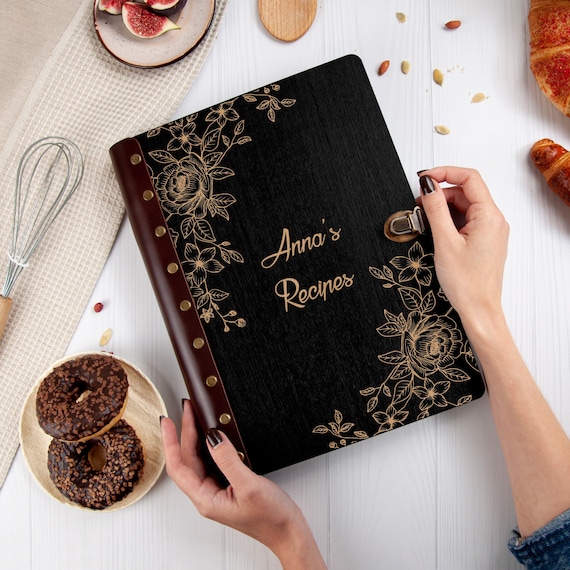 Personalized Recipe Journal Flowers Pattern Blank Recipe Book Binder Gift for Mother Kitchen Cookbook Birthday Gift for Wife Wooden Journal