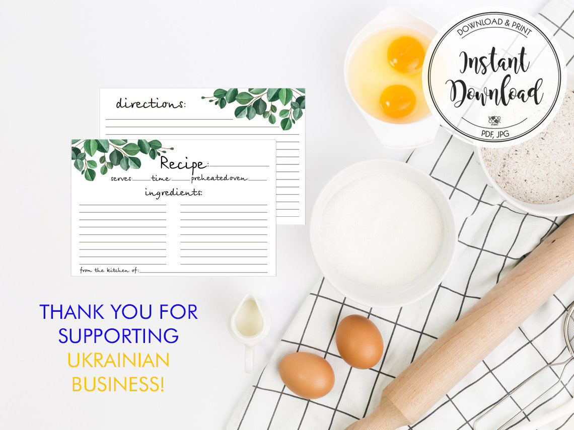 Digital Recipe Card Eucalyptus Recipe Card Template Instant Download PDF Greenery Recipe Cards Wedding Shower Green Leaves Ukraine Digital