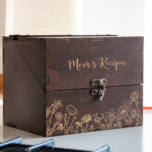 Personalized Recipe Box with Wooden Dividers Gift for Mom Floral Recipe Box Gift for Grandmother Engraved Recipe Card Box Wood Kitchen Decor Box Only