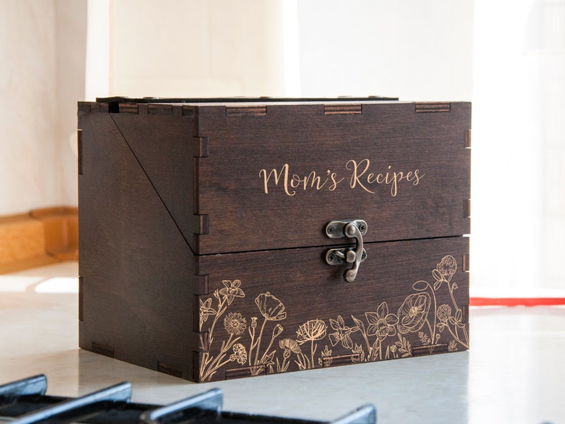 Personalized Recipe Box with Wooden Dividers Gift for Mom Floral Recipe Box Gift for Grandmother Engraved Recipe Card Box Wood Kitchen Decor Box Only