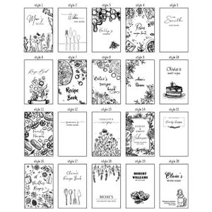 Puede incluir: Una colecci&oacute;n de 20 dise&ntilde;os de portada de libro de recetas en blanco y negro. Los dise&ntilde;os presentan varias ilustraciones, incluyendo flores, comida, utensilios de cocina y texto. El texto incluye las palabras "Libro de recetas", "Recetas favoritas de mam&aacute;", "Recetas familiares" y "Recetas dulces de Olivia".