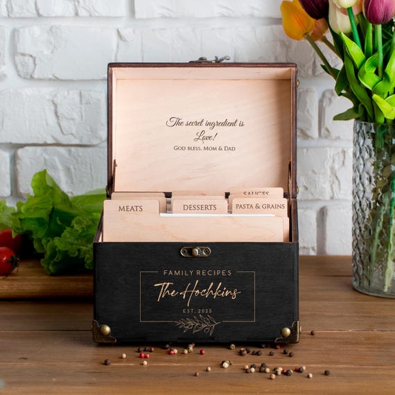 Personalized Recipe Box with Dividers and Recipe Cards for Bridal Shower Gift Wooden Recipe Card Box Custom Kitchen Storage Recipe Organizer