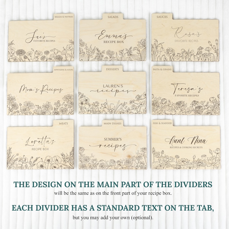 May include: Set of 10 wooden recipe box dividers with floral designs and personalized names. Each divider has a tab with a standard text label, such as "Salads" or "Main Dishes".
