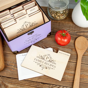 Personalized Wedding Recipe Box Bridal Shower Gift for Couple Wooden Recipe Card Box with 9 Dividers and Recipe Cards Housewarming Gift Idea image 3