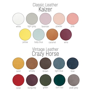 May include: Color chart showing 18 different leather colors for upholstery. The colors are divided into two categories: Classic Leather Kaizer and Vintage Leather Crazy Horse. The colors include white, light grey, lavender, powder, pink, yellow, baby blue, caramel, wine, sand, whisky, brown, light blue, blue, coral, burgundy, green, dark teal, and peak grey.
