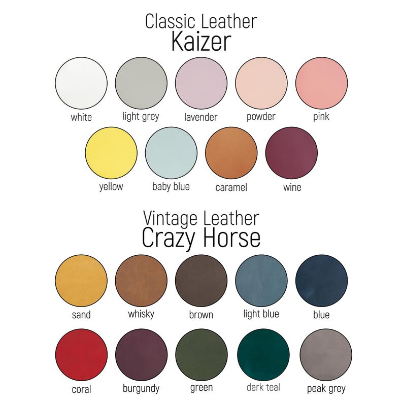 May include: Color chart showing 18 different leather colors for upholstery. The colors are divided into two categories: Classic Leather Kaizer and Vintage Leather Crazy Horse. The colors include white, light grey, lavender, powder, pink, yellow, baby blue, caramel, wine, sand, whisky, brown, light blue, blue, coral, burgundy, green, dark teal, and peak grey.