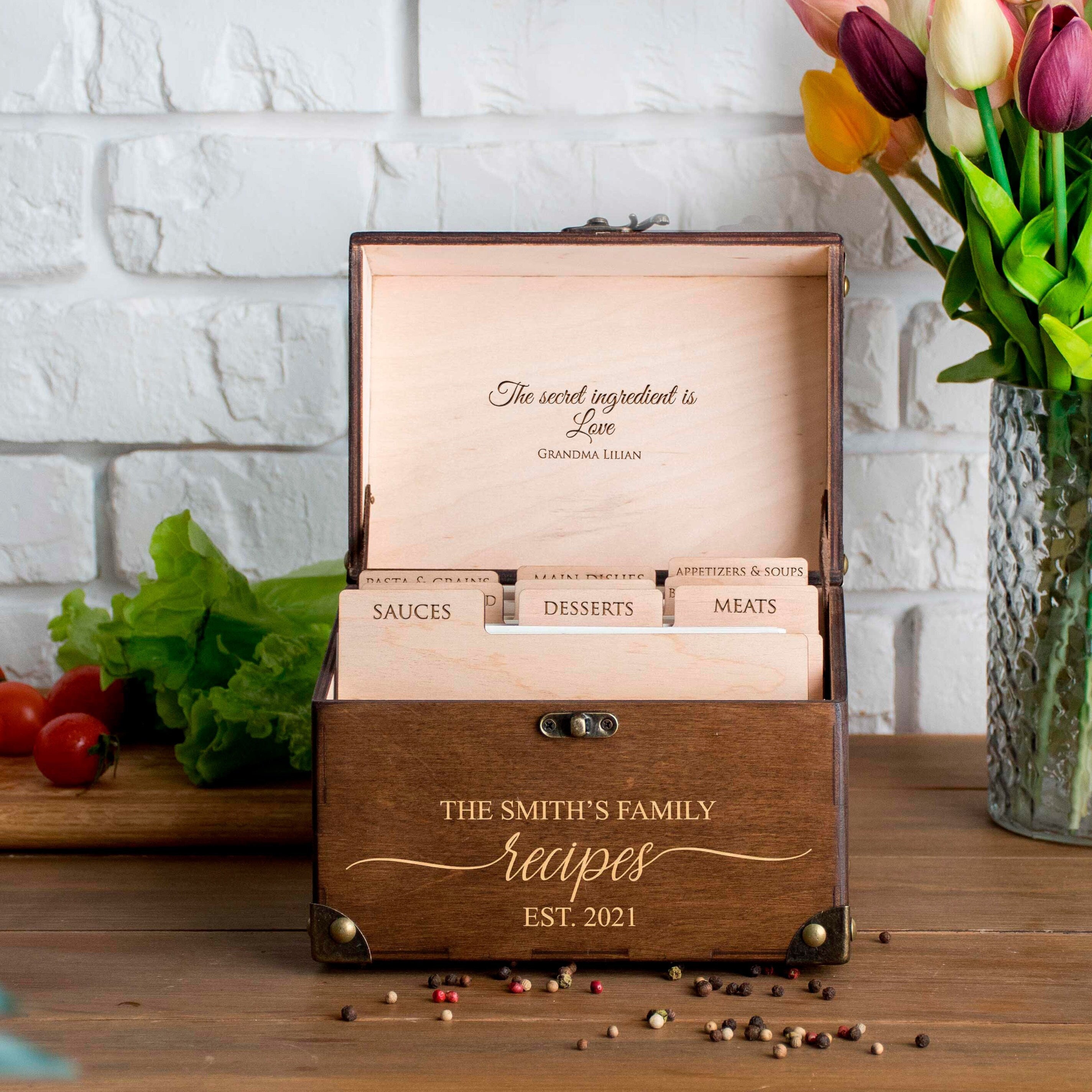Wood Heirloom Recipe Boxes for 4x6 Cards Bridal Shower Recipe Box Kitchen  Recipe Storage Box Wedding Gift for Couple Fancy Engraved 