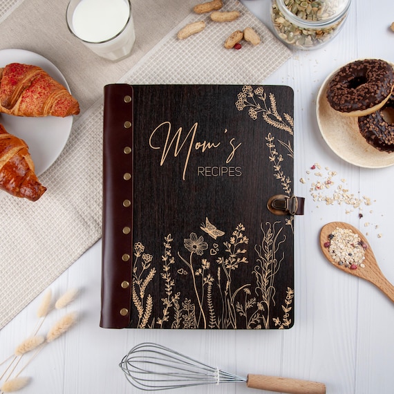 Custom Recipe Book Wooden Recipe Notebook Blank Personalized Recipe Binder Mothers Day Kitchen Gift Cookbook Unique Mom Birthday Gifts Ideas