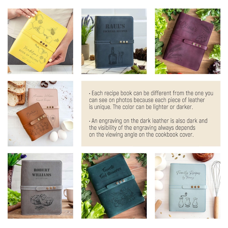 May include: Nine different leather-bound recipe books with personalized engravings. Each book has a different color and design, including a yellow book with a beehive design, a blue book with a cocktail shaker design, a purple book with a floral design, a brown book with a floral design, a gray book with a grill design, a green book with a food design, a blue book with a spice design, a pink book with a floral design, and a light brown book with a floral design.