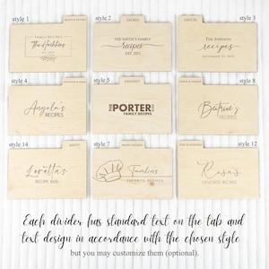 May include: Wooden recipe dividers, each labelled with categories such as "Salads" and family names. The dividers have different text styles and designs, with customisation options available.