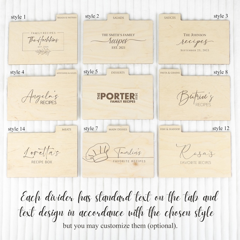 May include: Wooden recipe dividers, each labelled with categories such as "Salads" and family names. The dividers have different text styles and designs, with customisation options available.