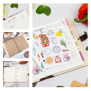 Puede incluir: Un archivador de recetas de madera con p&aacute;ginas de papel kraft y un conjunto de pegatinas coloridas con ilustraciones de tem&aacute;tica culinaria. El archivador tiene pesta&ntilde;as para diferentes categor&iacute;as de recetas, incluyendo desayuno, carnes, pasta y cereales, y miscel&aacute;nea.