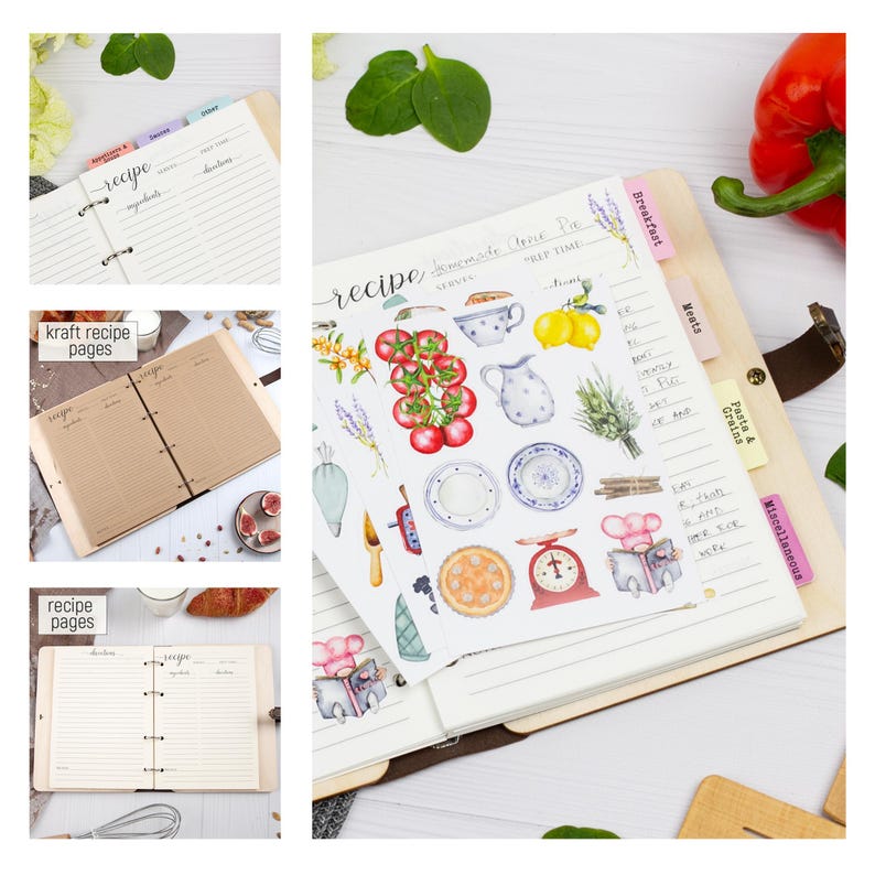 Puede incluir: Un archivador de recetas de madera con p&aacute;ginas de papel kraft y un conjunto de pegatinas coloridas con ilustraciones de tem&aacute;tica culinaria. El archivador tiene pesta&ntilde;as para diferentes categor&iacute;as de recetas, incluyendo desayuno, carnes, pasta y cereales, y miscel&aacute;nea.