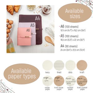 May include: Three leather-bound recipe journals in different sizes: A6, A5, and A4. The journals are displayed on a white wooden surface. The text "Available sizes" is written in black on a beige background. The text "A6 (100 sheets) 12.5 cm (4.7") x 16.2 cm (6.4")" is written in black on a white background. The text "A5 (100 sheets) 16.5 cm (6.3") x 22 cm (8.7")" is written in black on a white background. The text "A4 (90 sheets) 24 cm (9.4") x 31.5 cm (12.4")" is written in black on a white background. The text "Available paper types" is written in black on a beige background. Five circles are displayed below the text. The circles are labeled "ivory", "lined", "dots", and "kraft". Each circle shows a sample of the paper type. The text "recipe pages", "kraft recipe pages", "cocktail pages", and "kraft cocktail pages" is written in black on a white background.