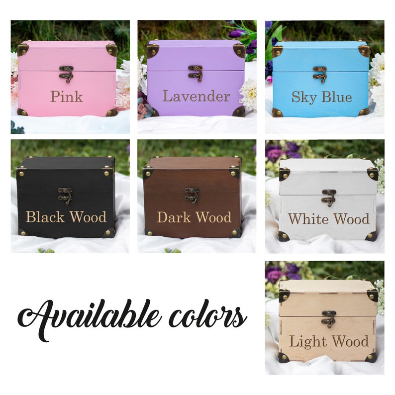 May include: A collage of nine images showing different color options for a small wooden box with a hinged lid and brass accents. The colors include pink, lavender, sky blue, black wood, dark wood, white wood, and light wood.