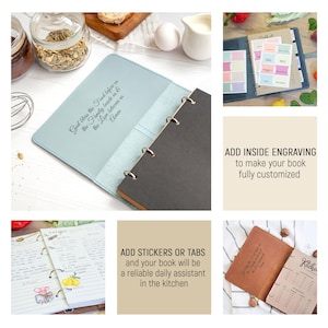 May include: A blue leather-bound recipe journal with a personalized inscription. The journal has a ring binder and is open to reveal blank pages. The image also shows a variety of stickers and tabs that can be used to organize recipes.