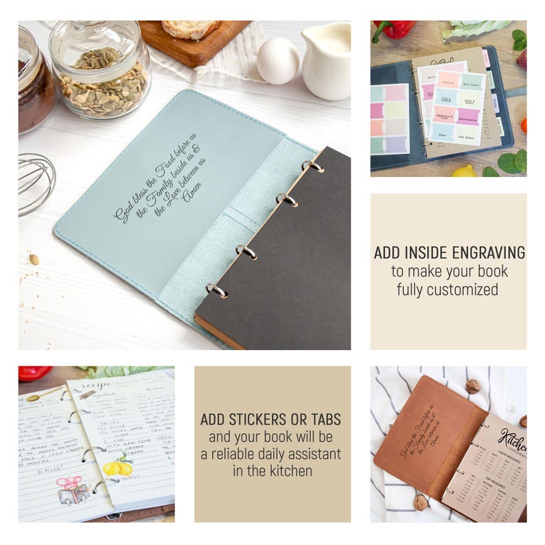 May include: A blue leather-bound recipe journal with a personalized inscription. The journal has a ring binder and is open to reveal blank pages. The image also shows a variety of stickers and tabs that can be used to organize recipes.