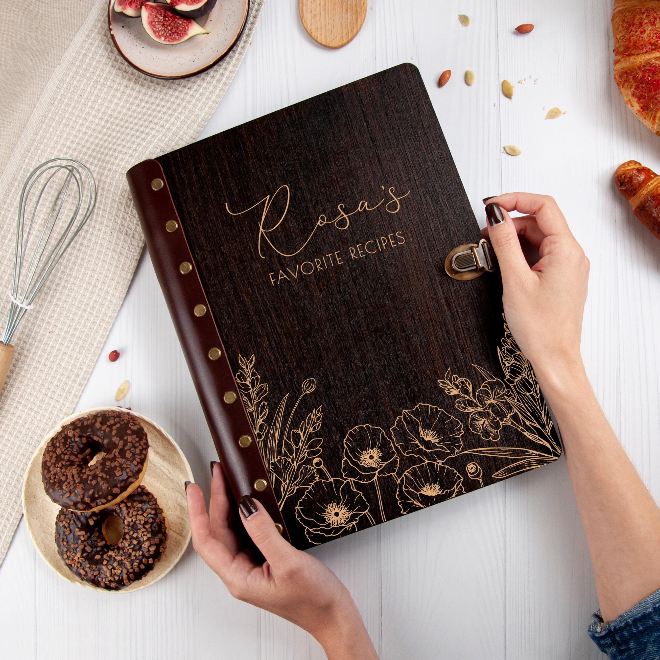Birth Month Flowers Recipe Book Binder Personalized Recipe Journal Custom Cookbook Binder Wooden Blank Recipe Books Cooking Birthday Gifts