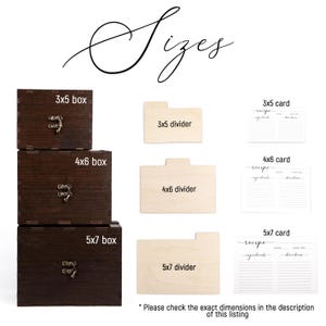 May include: A set of wooden recipe boxes and dividers in various sizes, including 3x5, 4x6, and 5x7 inches. The boxes are dark brown with brass clasps. The dividers are light wood. The image also shows blank recipe cards with lines for ingredients and directions.