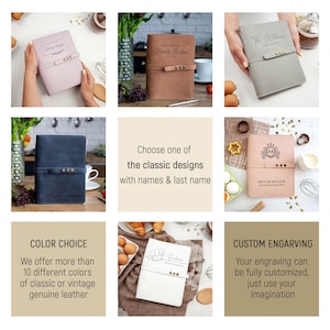 May include: Six different leather-bound recipe books with various designs and engravings. The books are shown on different surfaces, including a wooden table, a white countertop, and a brown surface. The text on the books includes "The Smith Family Recipes", "The Williams", "Trevor Muller Favorite Recipes", and "Foodies Family Recipes".