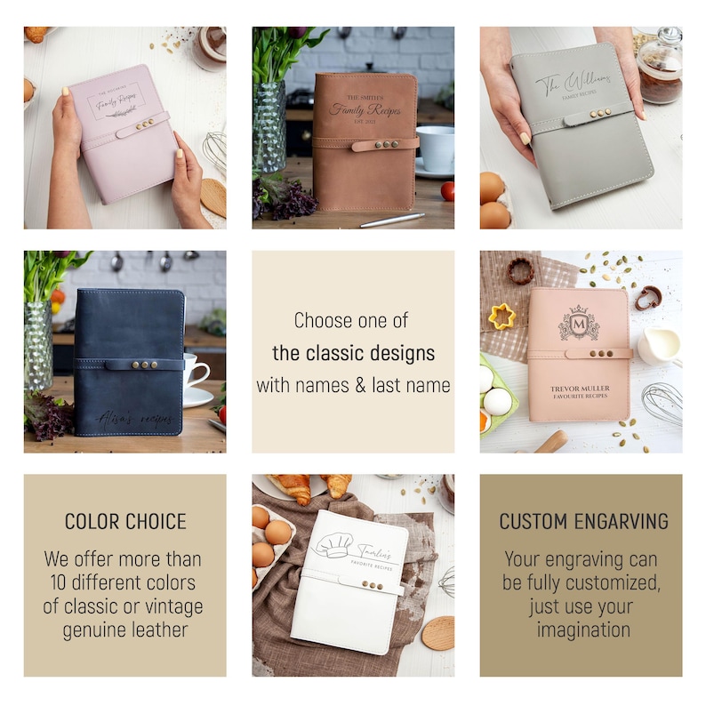 May include: Six different leather-bound recipe books with various designs and engravings. The books are shown on different surfaces, including a wooden table, a white countertop, and a brown surface. The text on the books includes "The Smith Family Recipes", "The Williams", "Trevor Muller Favorite Recipes", and "Foodies Family Recipes".