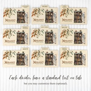 Peut inclure: Neuf s&eacute;parateurs de recettes en bois avec des &eacute;tiquettes telles que "Entr&eacute;es & Soupes" et "Salades". Chacun pr&eacute;sente une illustration d'armoire, le texte "Morgana's Spells + Recipes" et des feuilles d&eacute;coratives. Le texte en bas indique "Each divider have a standard text on tab."