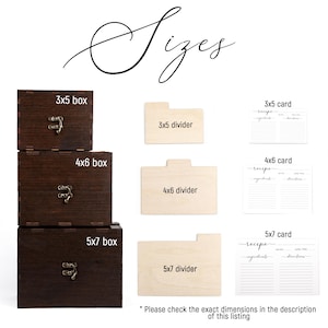 May include: A set of wooden recipe boxes and dividers in various sizes, including 3x5, 4x6, and 5x7 inches. The boxes are dark brown with brass clasps. The dividers are light wood. The image also shows blank recipe cards with lines for ingredients and directions.