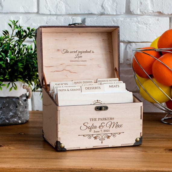Personalized Wedding Recipe Box Bridal Shower Gift for Couple Wooden Recipe Card Box with 9 Dividers and Recipe Cards Housewarming Gift Idea