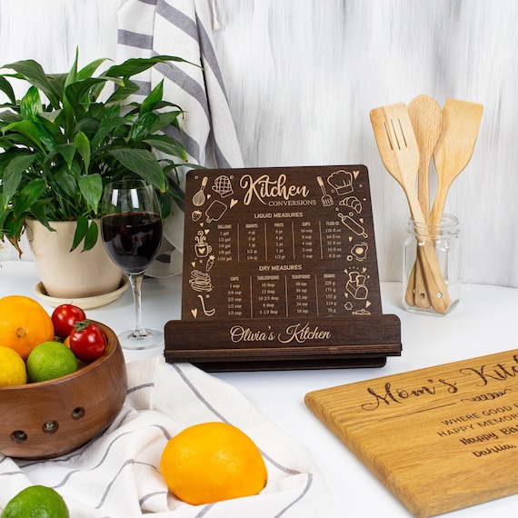 Engraved Wooden Cookbook Stand: Personalized Kitchen Conversion Chart