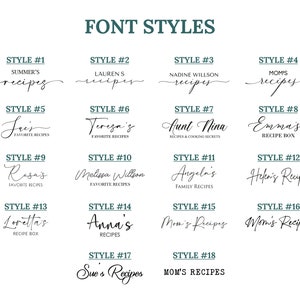 May include: A chart with 18 different font styles for recipe titles. Each style is numbered and includes a sample title with a name and a description, such as "Summer's Recipes" or "Mom's Recipes".