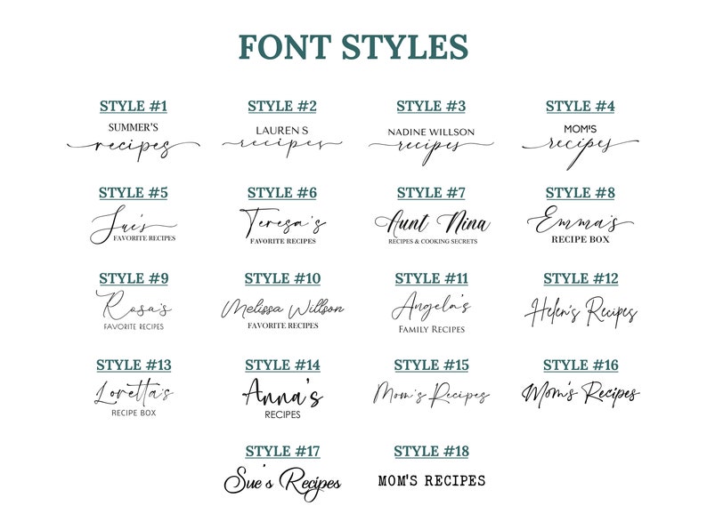 May include: A chart with 18 different font styles for recipe titles. Each style is numbered and includes a sample title with a name and a description, such as "Summer's Recipes" or "Mom's Recipes".