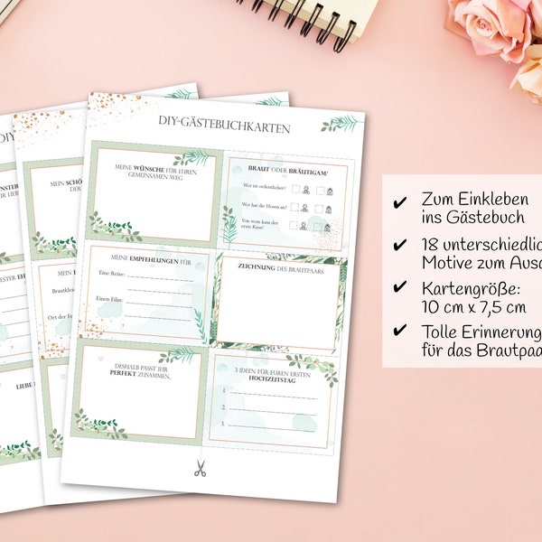 DIY-Gästebuch-Karten „Greenery“ zur Hochzeit als PDF zum Selbstdruck