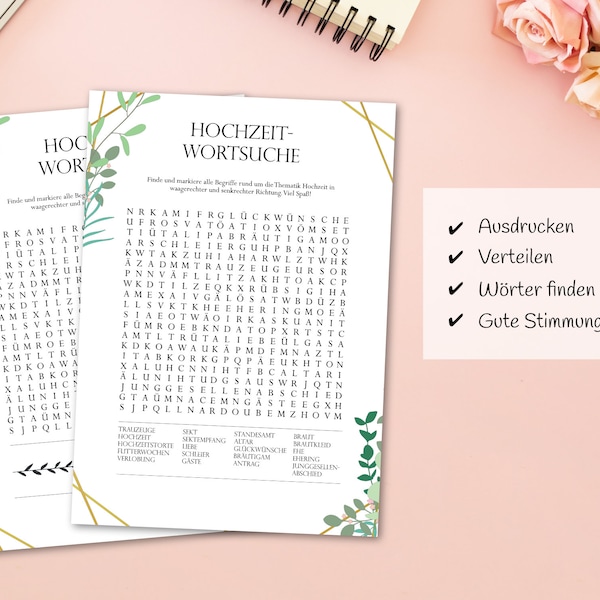Hochzeitsspiel Wortsuche (bunt) für Gäste als PDF zum Selbstdruck
