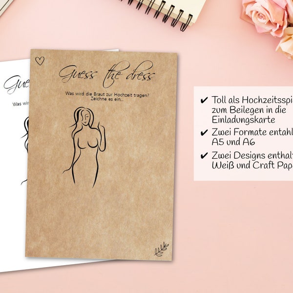 Guess the dress – Hochzeitsspiel, Beilage zur Hochzeitseinladung PDF zum Selbstausdruck