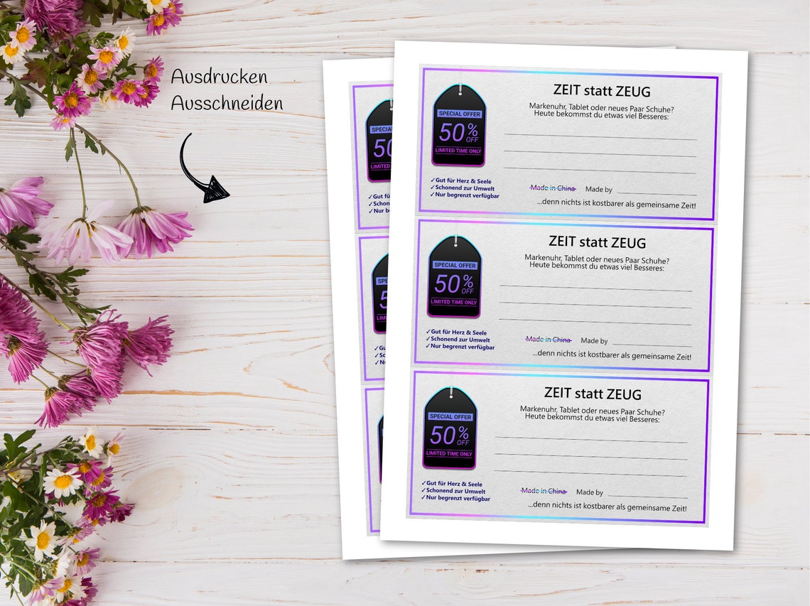 Zeit statt Zeug: Gutschein-Vorlage zum Ausdrucken als PDF - Etsy.de