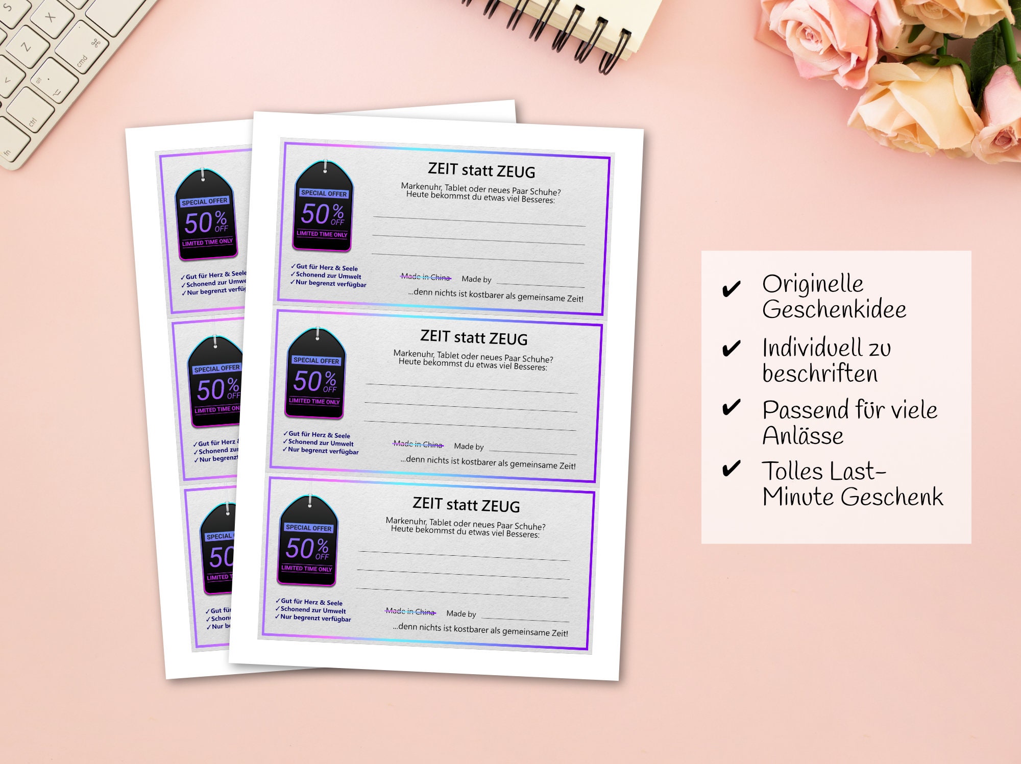 Zeit statt Zeug: Gutschein-Vorlage zum Ausdrucken als PDF - Etsy Österreich