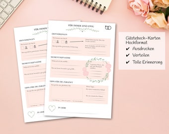 Hochzeit-Gästebuch-Karten "Für immer und ewig" mit Fragen zum Ausfüllen als PDF zum Selbstdruck, Hochformat DIN A4 & DIN A5