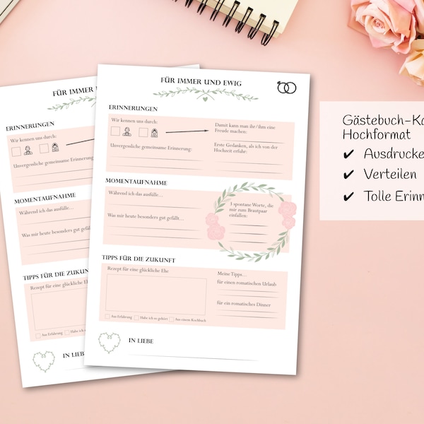 Wedding guest book cards "Forever and ever" with questions to fill out as a PDF for self-printing, portrait format DIN A4 & DIN A5