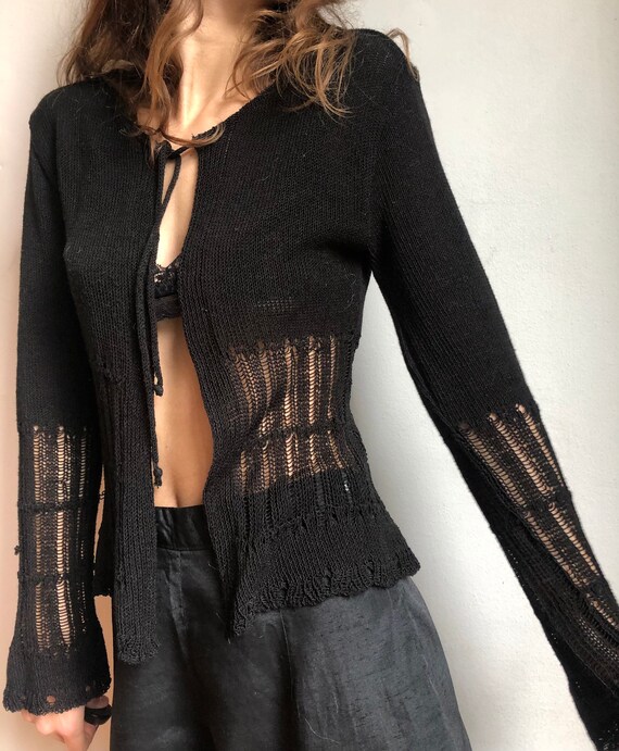 Vintage black crochet top sheer knit cardigan