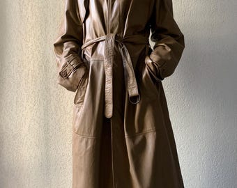 ヴィンテージ ブラック レザー トレンチコート：1980年代 オーバー