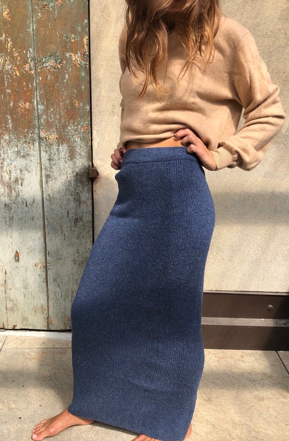 Vintage split hem knit wool pencil long skirt