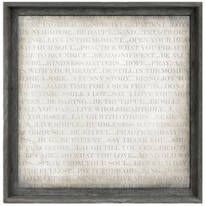 May include: A framed print with a white background and gray text. The text is a list of positive affirmations and life advice. The frame is a dark gray wood.