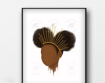 Young Queen, Princess Art Printable, African American Art, Printable Wall Art, African American Illustration, Girls Room, Black Girl Magic
