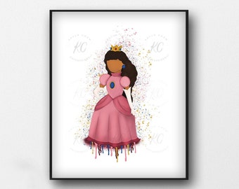 Princess Peach Printable Art, Afro Art, Super Mario, African American Illustration, Girls Room, Wall Art
