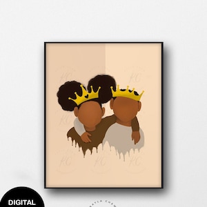 Jonge koning en jonge koningin, broer en zus kunst afdrukbaar, Afro-kunst, afdrukbare kunst aan de muur, Afro-Amerikaanse illustratie, broers en zussen kamer,