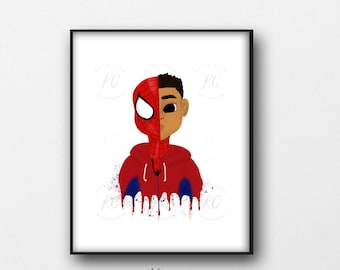 May include: Digital illustration of a young person with half of their face as Spider-Man. The person is wearing a red hoodie with a black zipper and blue paint splatters.