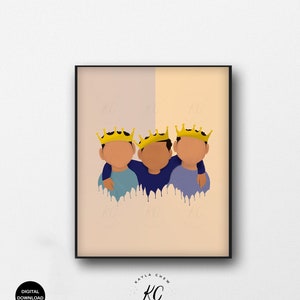 Three Young Kings (Brothers) Art Printable, Brother Afro Art, Printable Wall Art, African American Illustration, Boys Room, Black Boy Joy