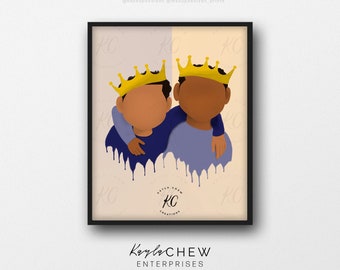 Two Young Kings Art Printable, Brother Afro Art, Printable Wall Art, African American Illustration, Boys Room, Black Boy Joy