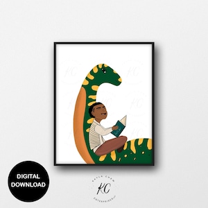 Dinosaur Art Printable, Afro Art, African American Art, Wall Art, African American Illustration, Boys Room, Black Boy Joy, Readers Art